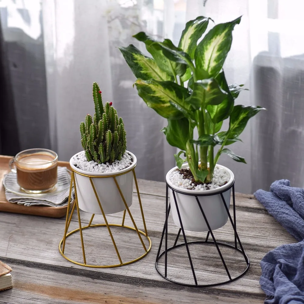 Nordic Geometric Ceramic Flower Pot Metal Plant Pot Pergola Indoor Home Decoration Garden Plant