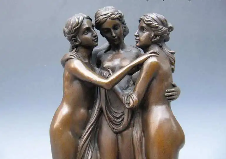 

13"Western Art Bronze & Base Marble three nude belle Statue