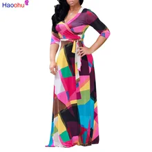 HAOOHU, новинка, женское платье бохо, осеннее, v-образный вырез, макси, с длинным рукавом, из кусков, женское, бодикон, для отдыха, для девушек, Vestidos размера плюс