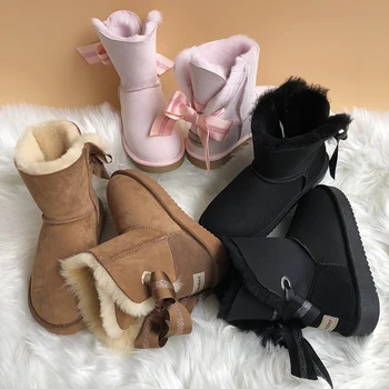

New arrival lady winter shearling snow boots natural sheep fur thick warm shoes butterfly knot ribbon
