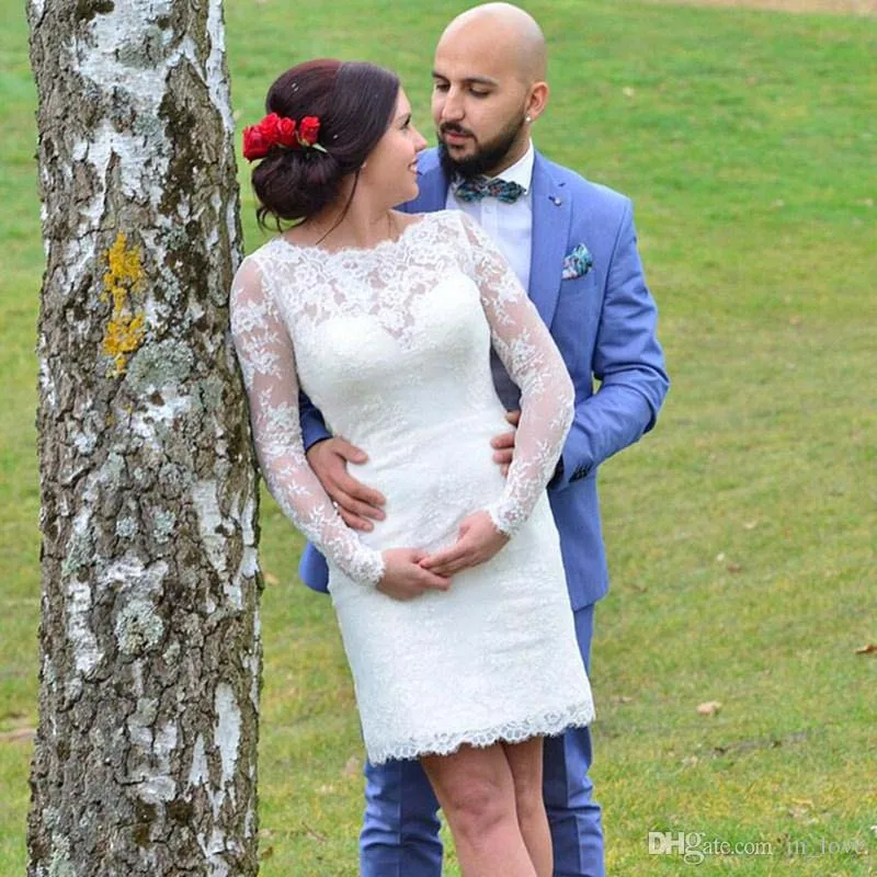 

Long Sleeve Short Sheath Wedding Dresses Jewel Neck 2019 Simple Design Vestidos de Noiva Mini Bridal Gowns