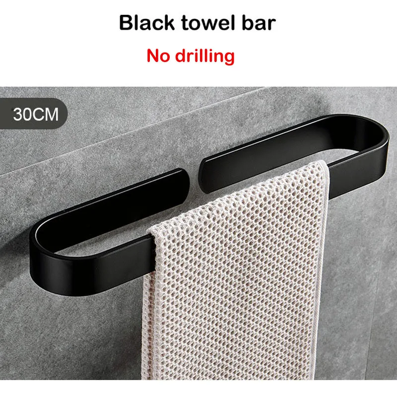 

Towel Bar Black Single Towel Rack bathroom hanger Towel pole Perforation-free towel Holder Solid Aluminum Bathroom accessories