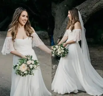 

Cheap Boho Country Beach Wedding Dresses 2019 Off Shoulder Backless Sweep Train Simple Garden A Line Bridal Gowns Customized