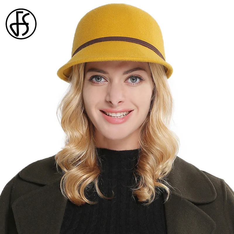 

FS British Style Equestrian Cap Winter Wool Felt Hats For Women Wide Brim Vintage Black Red Gray Yellow Cloche Hat Sombreros