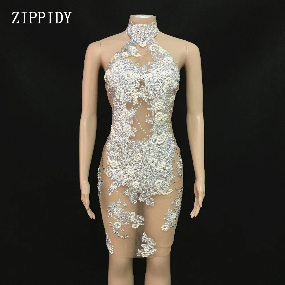 

New design Mesh Perspective Silver Rhinestones Pearls Dress Evening Party Sexy Dresses Dress Costume Singer Performance Outfit