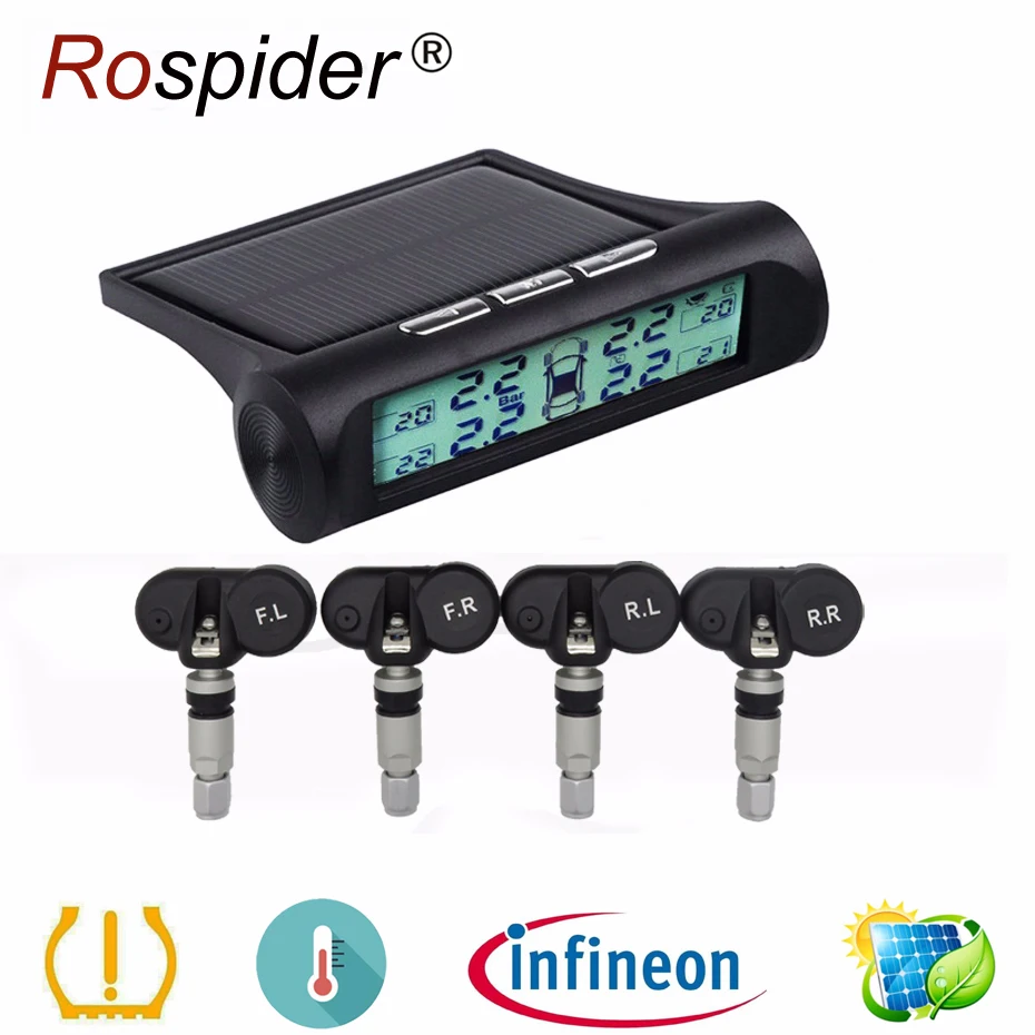 

Solar TPMS Tire Pressure Alarm Monitor System Car Display 4 External Sensor Temperature Warning Rospider D01N