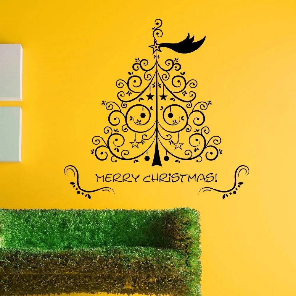 

Art Design Chiristmas Tree With Merry Christmas Quotes Vinyl Wall Sticker Home Decorative Holiday Tree Wall Mural D-140
