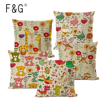 

Cartoon Animal Decorative Pillows Cover Animal and Plant Printing Cushion Cover Square Linen Cushions Home Decor