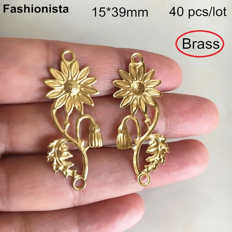 

40 pcs Raw Brass Flower Branch Charm Connectors,15*39mm Sunflower With Leaf and Bud,DIY Crafts & Jewelry Findings -Free Shipping