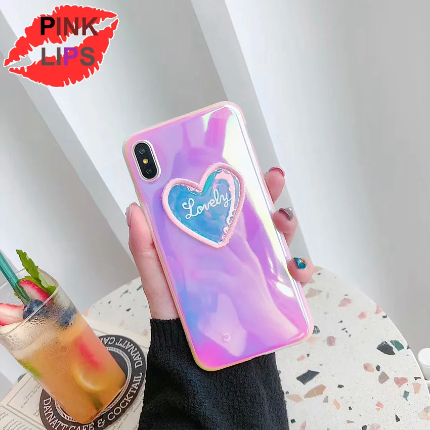 

PINK LIPS Case For iPhone XS XR XS Max X 6 6S 7 8 Plus Fashion Aurora Love Heart Laser IMD Soft Protector Phone Back Cover Case