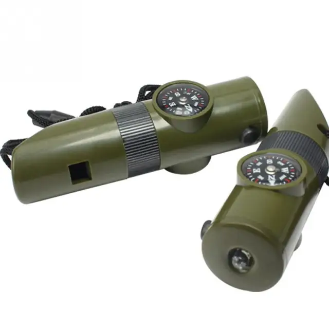 7 in 1 Mini SOS Survival Kit Camping Survival Whistle With Compass Thermometer Flashlight Magnifier Tools Outdoor Hiking