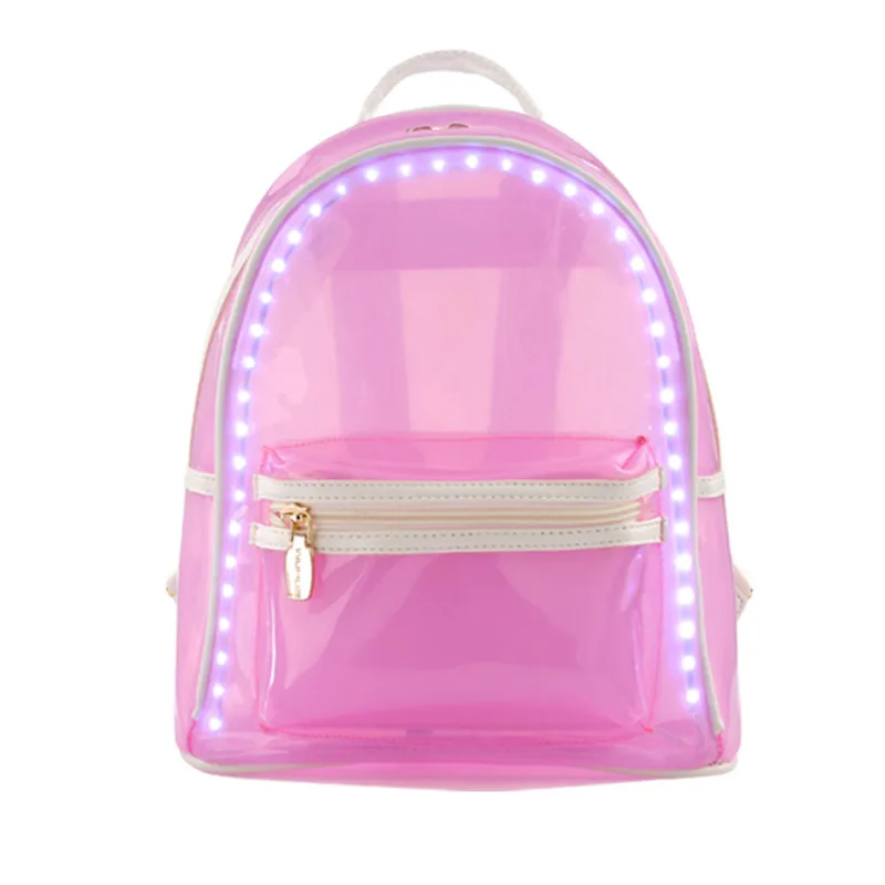 Стиль ярких цветов осветления ПВХ Рюкзак светодиодные фонари прозрачная сумка женская рюкзак rucks - Цвет: Розовый