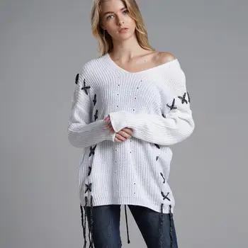 

2019 Autumn Winter Sweater Casual Women Pullover V-Neck Long Sleeve Solid Loose White String Jumper Drop Shipping