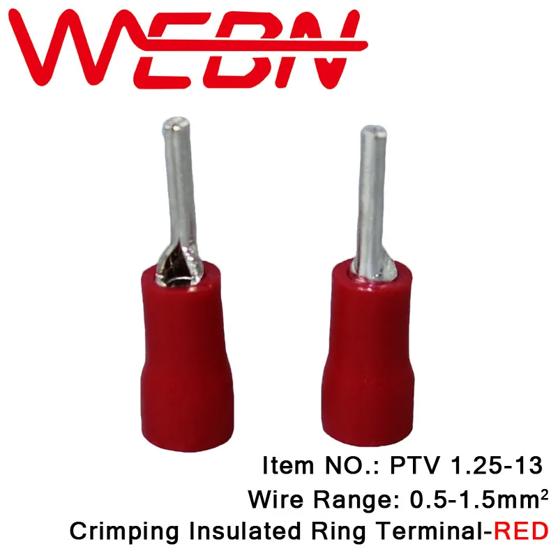 

PTV1.25-13 Crimping Insulated Pin Terminal 0.75mm Thick Copper&PVC Material Red for Wire Range 0.5-1.5mm2 22-16 AWG 1000pcs/Pack