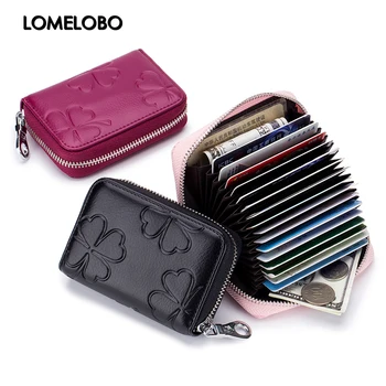 

Lomelobo Lady Flower Card Holder Split Leather Girl Zipper Coin Purse Women Business Card Cowhide Female Credit ID Cards Wallet
