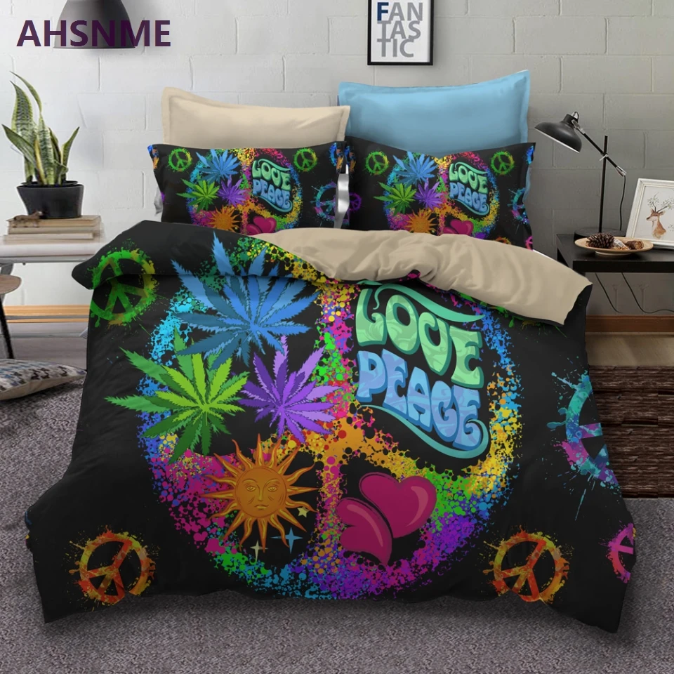 Ahsnme Peace Sign Bedding Set Black Background Watercolor Duvet