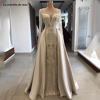

Real Photo Formal Crystal Evening Dresses with Sheer Jewel Long Sleeve Bodice Accented Beaded Prom Dresses Floor Length Party Go