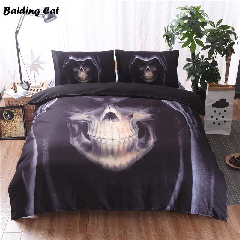 

Black Skull Head with Hat Printed Bedding Set 3D Soft Bedspread Duvet Cover Set with Pillowcase 3pcs Queen Size Free Shipping