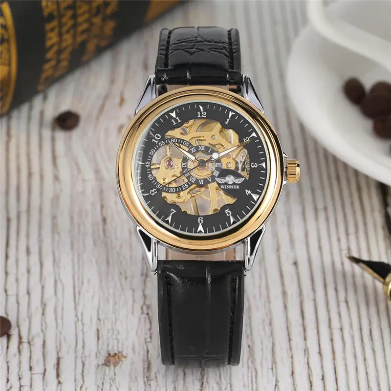 

2019 Mechanical Hand Wind Watch Transparent Golden Gear Skeleton Mechanical Watches Leather Tevise Clock Male erkek kol saati