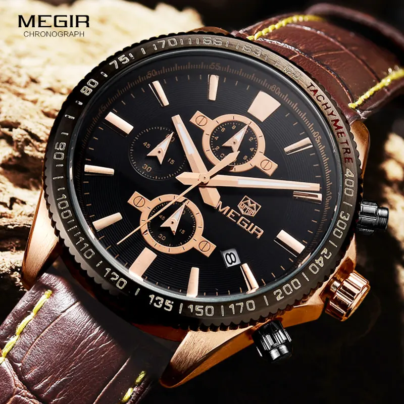 

MEGIR Men's Leather Strap Quartz Watches Top Brand Army Chronograph Business Sport Wristwatch Man Clock Relogios Masculino 3001