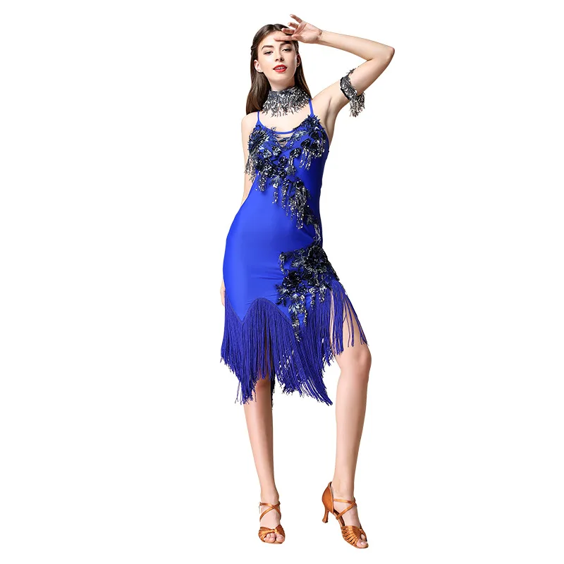 

Sexy Stage Performance Clothes Latin Sequins Fringed Dress Costume Set Suits Club Stage One-piece Long Skirt Dress