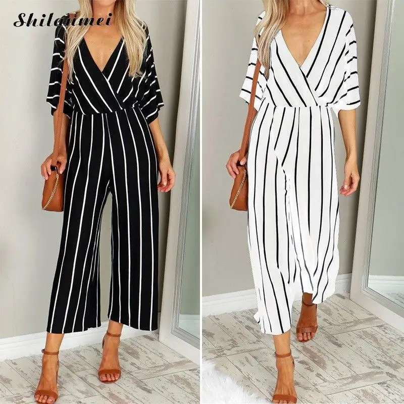 Polyester Wide Leg Trousers Plus Size Long Jumpsuit Ladies Deep V Plain Dyed Playsuits Women Long Pant Bodysuit Black white XXXL Polyester Wide Leg Trousers Plus Size Long Jumpsuit Ladies Deep V Plain Dyed Playsuits Women Long Pant Bodysuit Black white XXXL