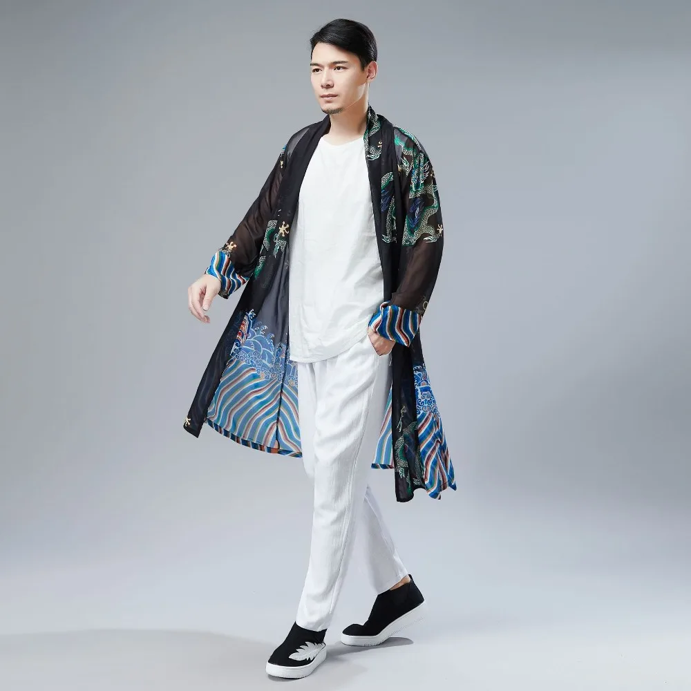 LZJN 2019 Japanese Kimono Cardigan Men Dragon Pattern Print Long Kimono Cardigan Men Thin Mens Kimono Cardigan Jacket Coat  (21)