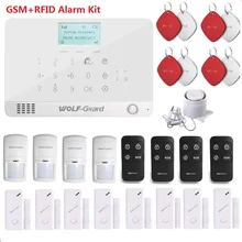 Wolf-Guard LCD GSM SMS Wireless Home Alarm Security Burglar System 8 Door Sensor 4 PIR Detector 4 Keyfobs 8 RFID Card MR1