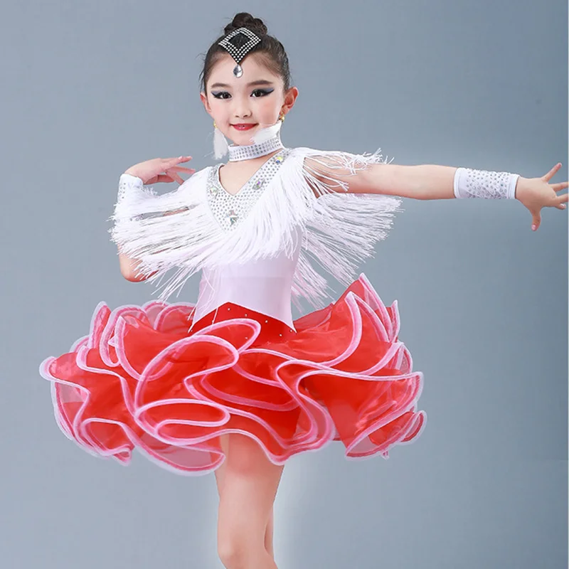 Профессиональные платья для девочек с блестками и бахромой для латинских танцев, сальсы, ча-ча, платья для конкурса бальных танцев, костюм для детей, Одежда для танцев - Цвет: white red