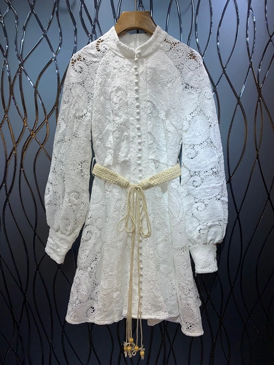 

In early autumn of 2019, the new girl's small round tie with waist closed and water-soluble embroidery hollow dress 711