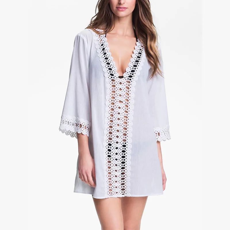 solid sexy bikini cover up Embroidery Hollow Beach wear dress Sexy black kaftan beach dress deep v sarong tunic beach wrap - Цвет: white