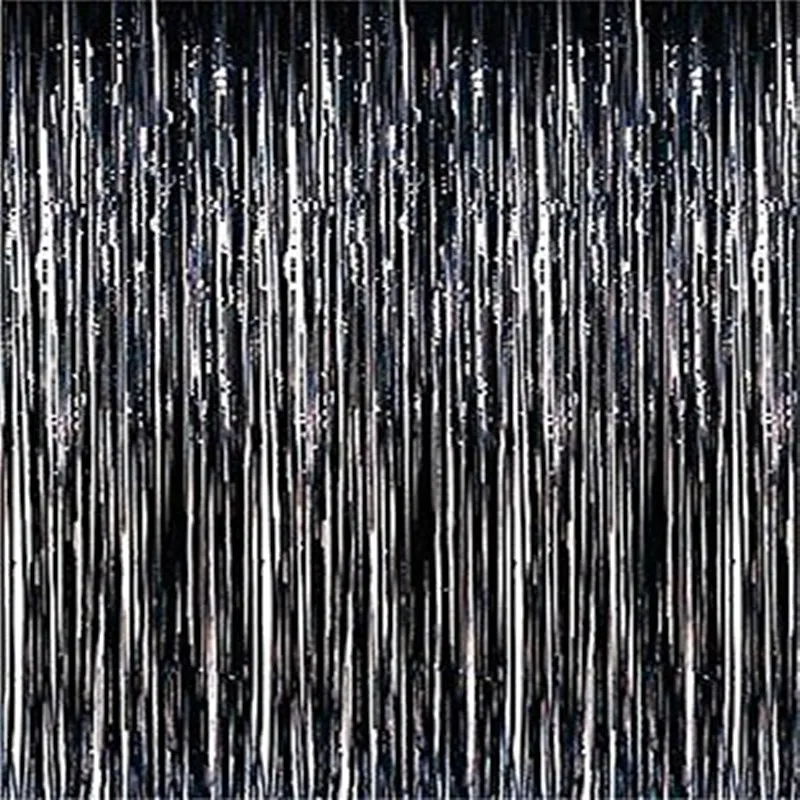 3 ft. x 8 ft Metallic Black Foil Fringe Curtain Shimmer Curtain Birthday Decor New Halloween