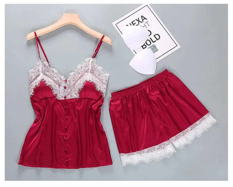 Queenral Pajama Sets Sexy Lingerie Pyjama Femme Summer Women's Sleep Lounge Silk Satin Sleepwear With Chest Pad Nightwear 4