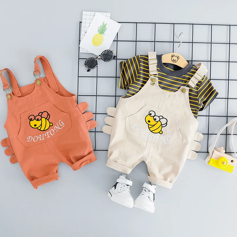 

2019 New Gentleman Fashion Infant Boys Clothes Sets 1-5Y Striped T-Shirts Tops+Cartoon Overalls Pants