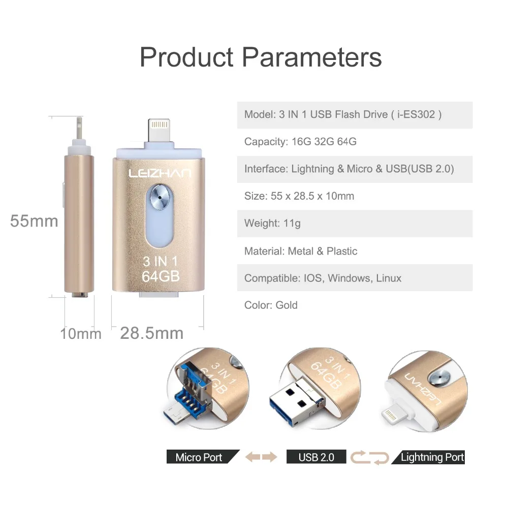 LEIZHAN USB флэш накопитель 32 Гб 64 128 ГБ для iPhone IPad сверкающий 3 0 U диск Android карта памяти