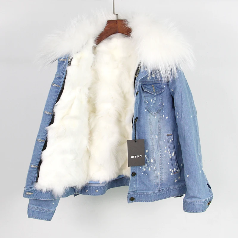 Бренд, натуральный Лисий мех, осенне-зимняя куртка, пальто, женская джинсовая куртка с дырками, настоящий большой мех енота, воротник, Толстая теплая подкладка