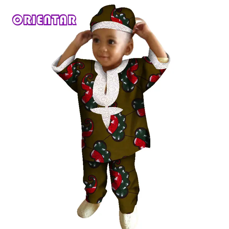 Детская одежда хлопковая футболка с короткими рукавами Топы и штаны Детский комплект со штанами в африканском стиле с воском и кружевом для мальчиков, Bazin Riche, WYT253