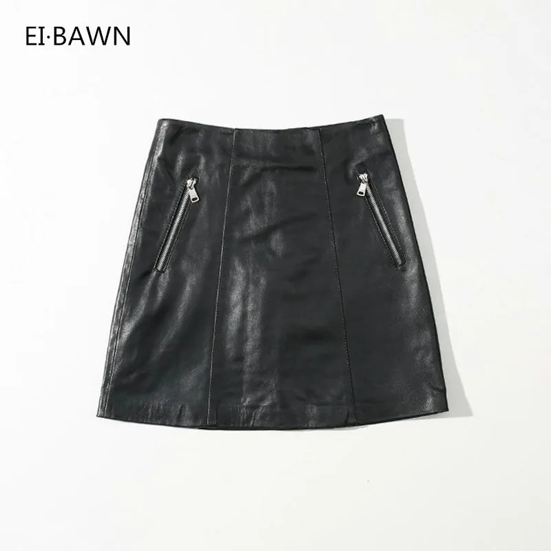 

2019 Genuine Lamb Black Pencil Leather Skirt Women Streetwear High Waist Short Wrap Sexy Vintage Leather Skirt Korean Fashion