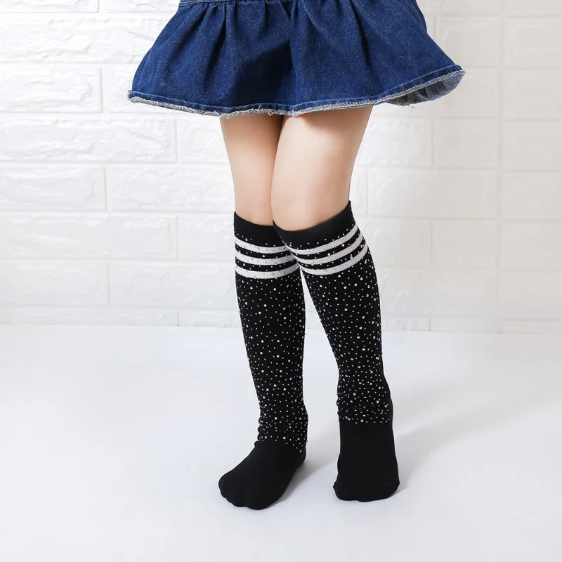 

Baby Girl Cute Socks Striped Print Rhinestone Design Long Socks Party Infant Children Soft Crib Leg Warmer