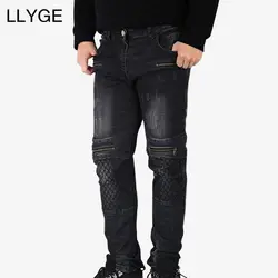 LLYGE байкерские джинсы из денима с вышивкой в сетку на молнии Брендовые мужские обтягивающие джинсы-карандаш на высокой улице, рваные