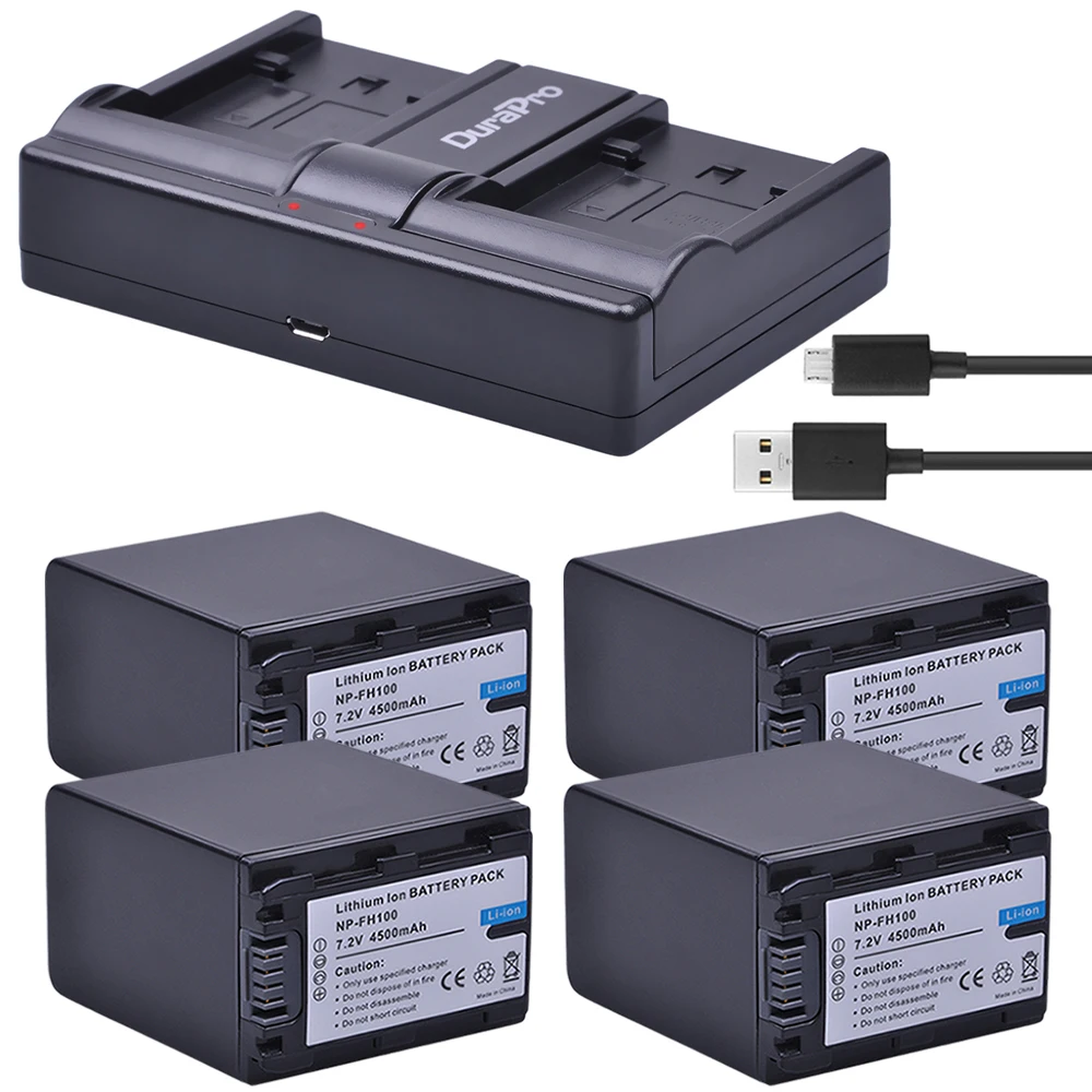 

4PCS 4500mAh NP-FH100 NP FH100 Battery + USB Dual Charger for Sony DCR-SX40 SX40R SX41 HDR-CX105 FH90 FH70 FH60 FH40 FH30 FP50