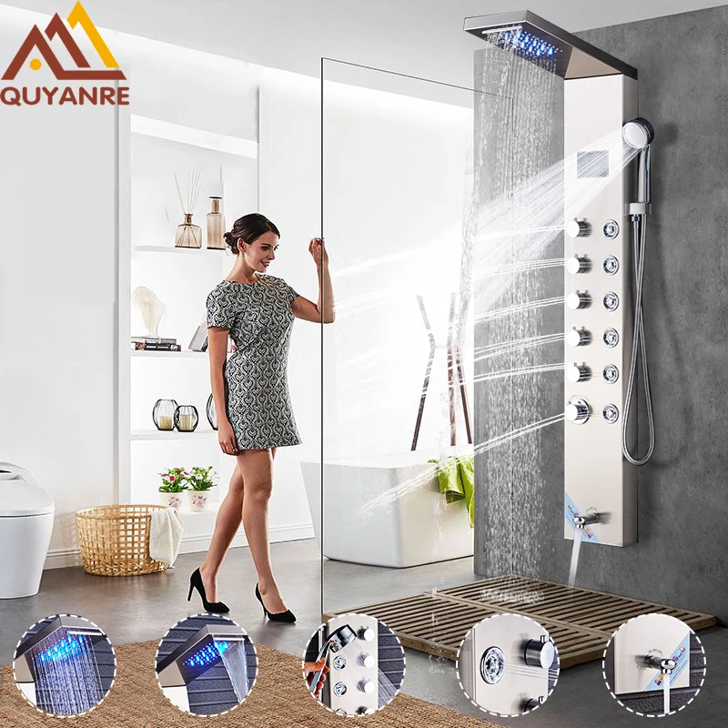 Quyanre Shower Faucet LED Rainfall Waterfall Shower Head Five Handles 6pcs SPA Jets Mixer Tap Fauce