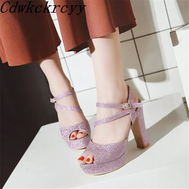 

Women sandals Summer New pattern fashion Sequins Super high heel Fish mouth sandals Violet sexy Thick bottom banquet Sandals