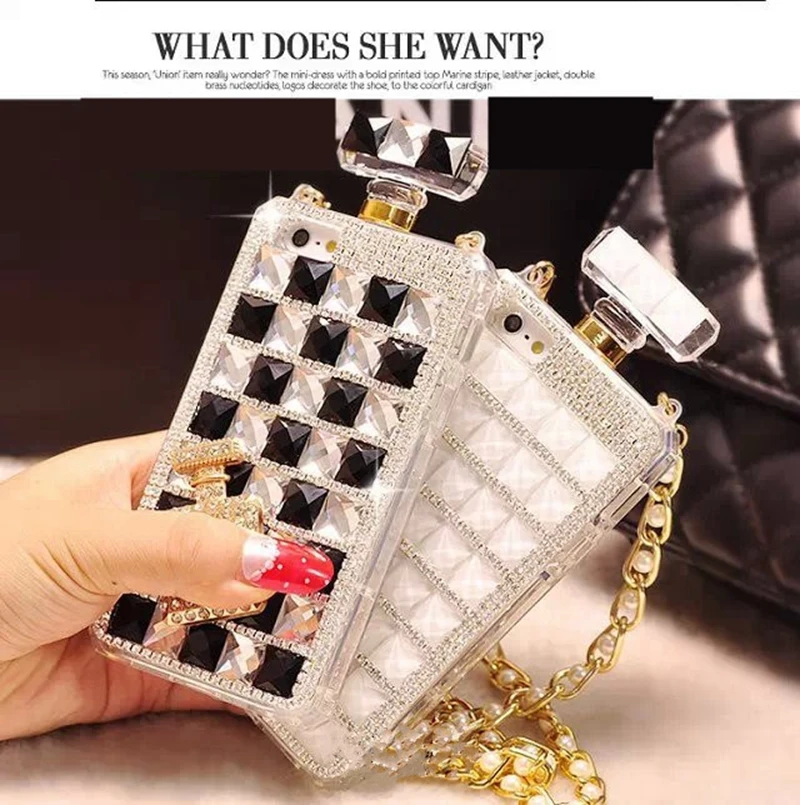 HOCAYU Penutup Handphone untuk Gadis Mewah Berlian Parfum Botol Jewelled Chic Kembali Shell dengan Mutiara Leher Lanyard Lembut Capa