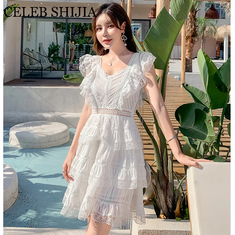 

2019 New Summer Woman White Dress V-neck ruffled Lace patchwork elegant beach vacation mini dress vestido blanco mujer