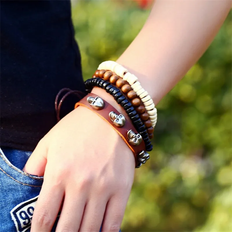 Мужской кожаный браслет Cuir Homme Pulsera Hombre мужской с черепами и деревянными бусинами