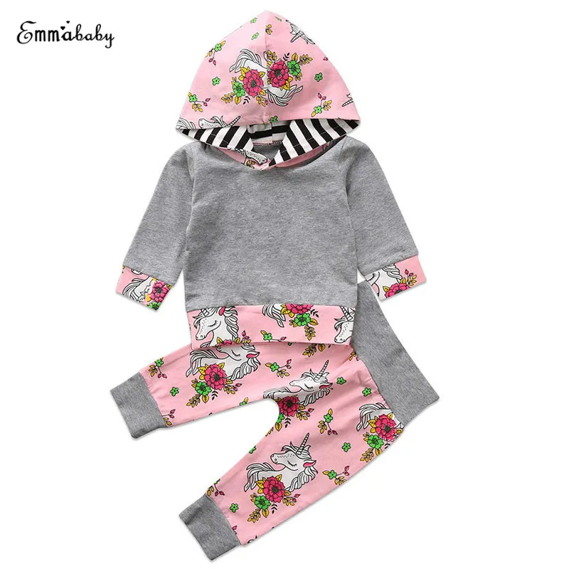

Floral Unicorn Newborn Baby Girl Long Sleeve Hooded Tops Long Pant Trouser 2PCS Outfit Kids Baby Autumn Spring Clothes 0-24M