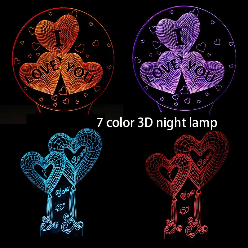 

I Love You 3D Sweet Lover Heart Night Lights Led USB Lamp Romantic Wedding Lamp Colorful Luminaria RGB Colors Valentine Day Gift