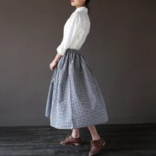 Новинка, женская черно-белая клетчатая юбка с эластичной талией, винтажная плиссированная Осенняя длинная юбка