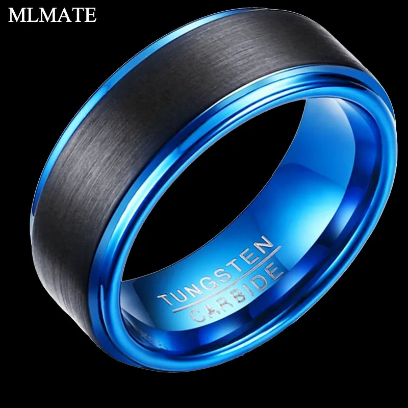 8mm Black Blue High Polish Matte Finish Tungsten Carbide Men's Wedding Band Ring Comfort Fit